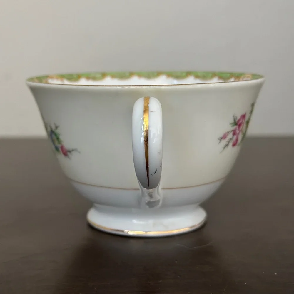 Sango China Cup Saucer Floral Green‎ Gold Rim Vintage Victorian Pattern